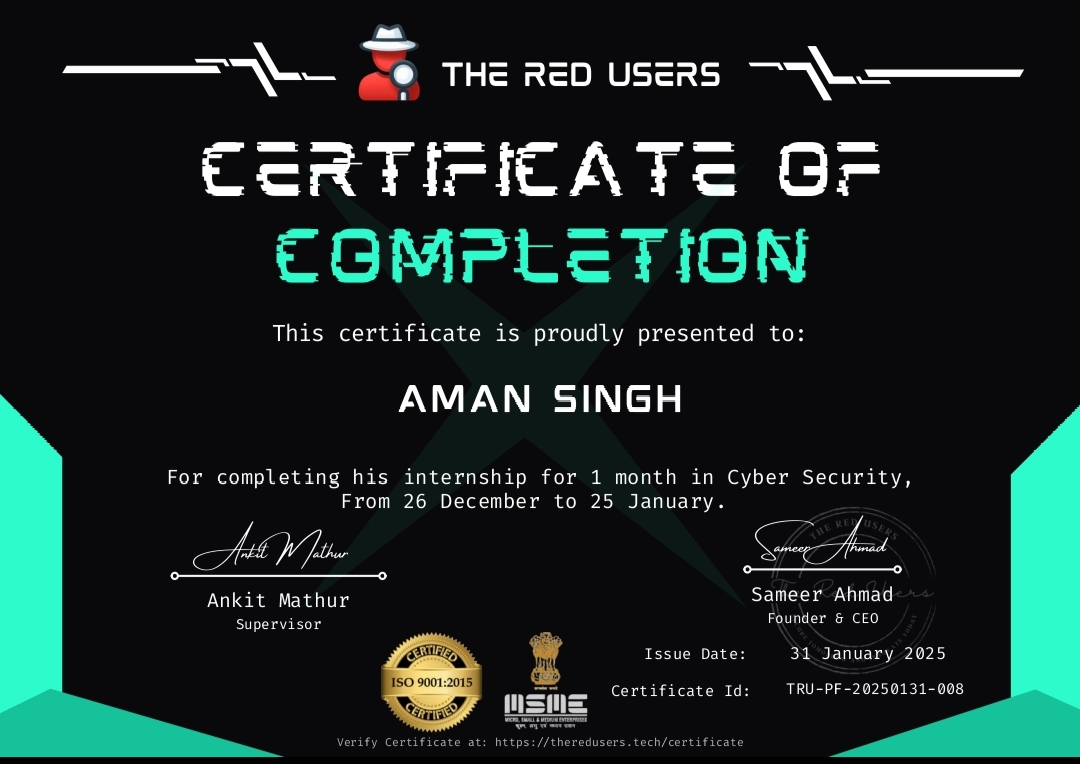 Cybersecurity Internship Certificate